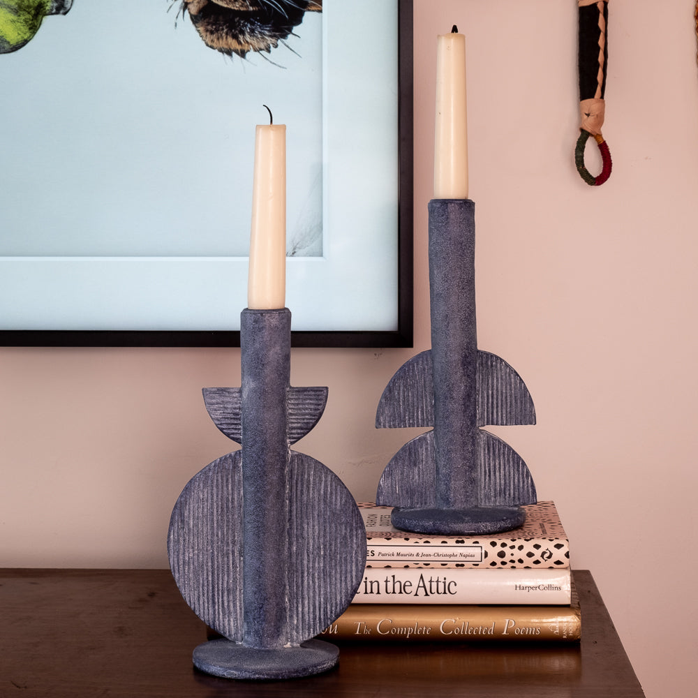 Distressed Aztec Candle Holder Set