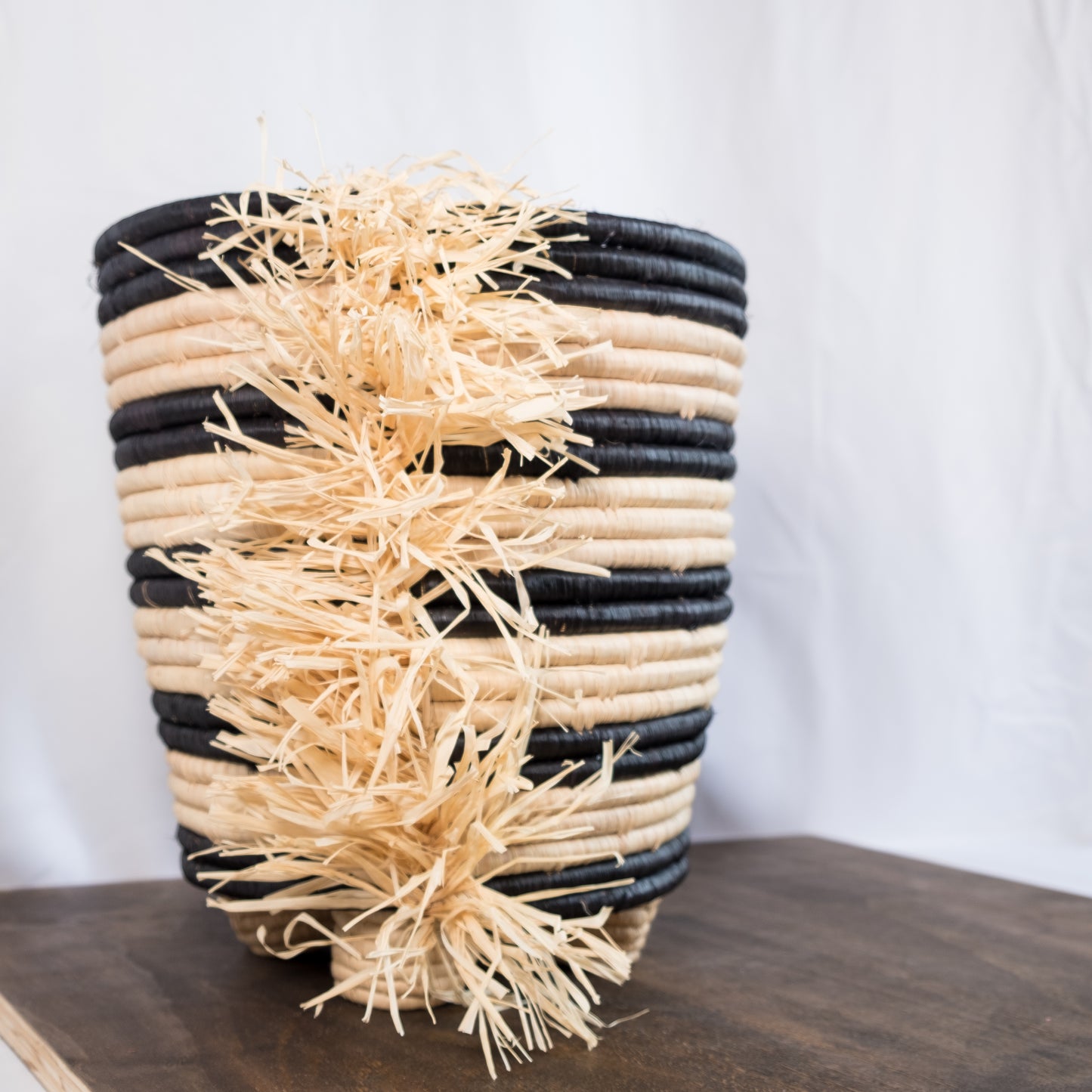Sophia Black Striped Fringed Raffia Planter