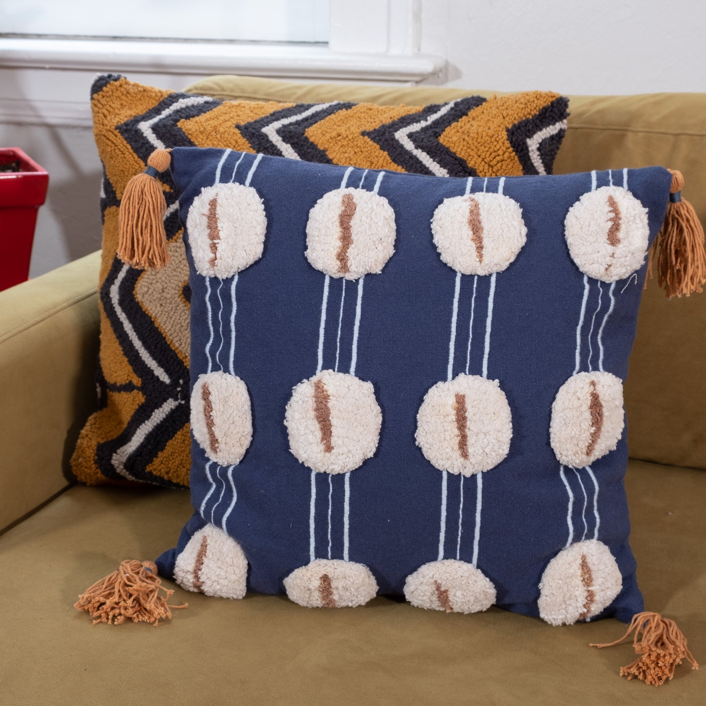 16" Blue Embroidered Tufted Throw Pillow
