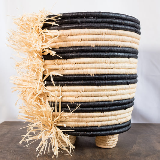 Sophia Black Striped Fringed Raffia Planter